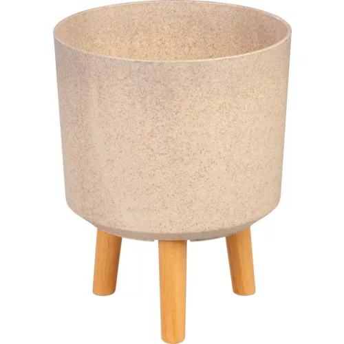 Műanyag virágcserép, Strend Pro Garden, bambuszszál, átmérő: 24,5 cm, magasság: 31 cm, fa lábakkal, kerek