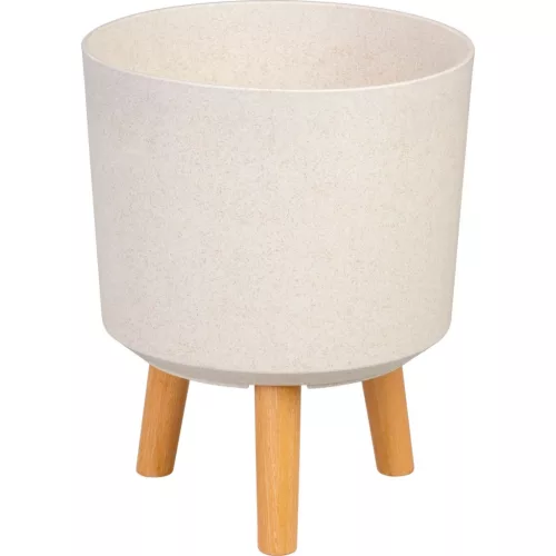 Műanyag virágcserép, Strend Pro Garden, fehér, átmérő: 24,5 cm, magasság: 31 cm, fa lábakkal, kerek