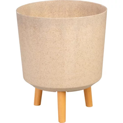 Műanyag virágcserép, Strend Pro Garden, bambuszszál, átmérő: 30 cm, magasság: 37 cm, fa lábakkal, 15,5 l, kerek