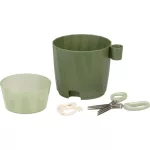 Műanyag virágcserép, Strend Pro Garden, zöld, átmérő: 12,5 cm, magasság: 16 cm, önöntöző víztartállyal, metszőollóval, beépített ollótartóval, kerek