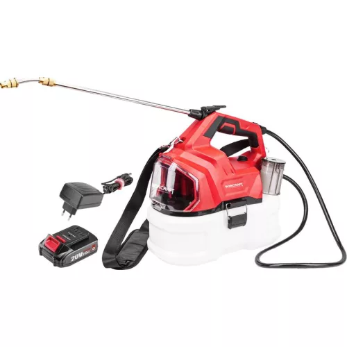 Akkumulátoros permetező, Worcraft CBS-S20Li-5L ShareSYS, 5 l, piros-fekete-fehér, 20 V, 2 Ah Li-Ion, kézi, sárgaréz fúvóka, akkumulátorral és töltővel