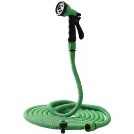  Kerti locsolótömlő, Strend Pro Garden Flexi NX1-050, zöld, 1/2" - 3/4", 5–15 m, flexibilis, nyújtható, szórópisztollyal, latex belső cső, textilborítás, önnyúló-összehúzódó technológia