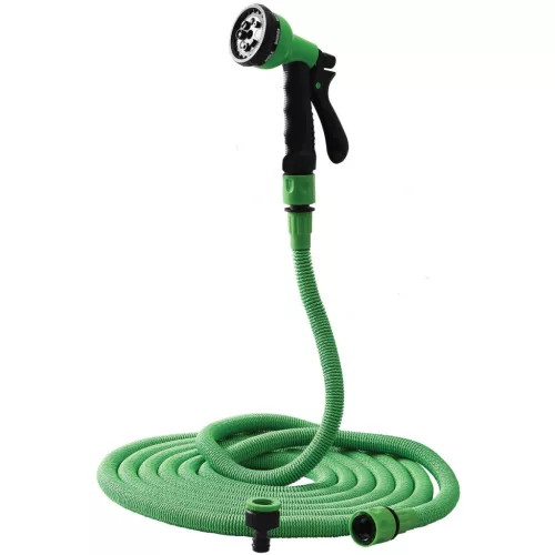 Kerti locsolótömlő, Strend Pro Garden Flexi NX1-050, zöld, 1/2" - 3/4", 5–15 m, flexibilis, nyújtható, szórópisztollyal, latex belső cső, textilborítás, önnyúló-összehúzódó technológia