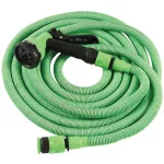 Kerti locsolótömlő, Strend Pro Garden Flexi NX1-075, zöld, 1/2" - 3/4", 7,5–22,5 m, flexibilis, nyújtható, szórópisztollyal, latex belső cső, textilborítás, önnyúló-összehúzódó technológia