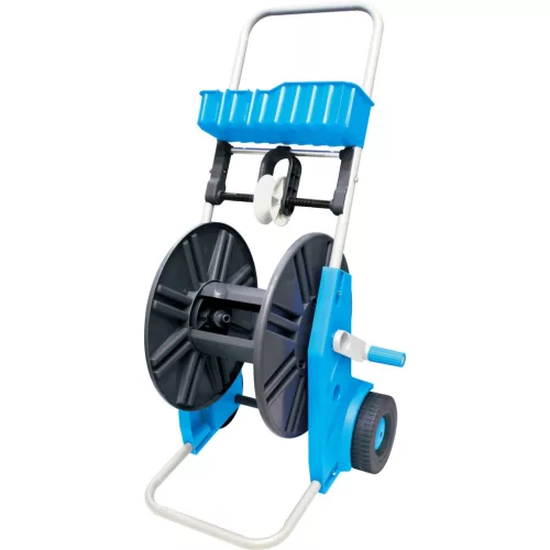 Kerti tömlőkocsi, Aquacraft 990051 Prémium, ezüst/kék, maximum 60 m 1/2" kerti tömlőhöz, acél és műanyag, kézi hajtókar, kerekes, szerszámtároló kosárral, tömlő nélkül
