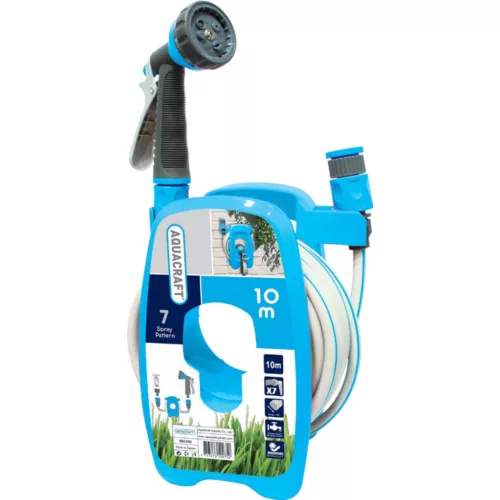 Fali tömlődob, Aquacraft 990490, kék, tömlővel, 3/8", 10 m, 7 funkciós szórópisztollyal, csatlakozókkal, műanyag