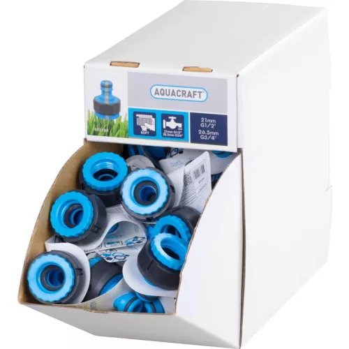 Adapter AQUACRAFT® 552185 SoftTouch G3/4"-1/2", kerti tömlőhöz, 70 db-os display doboz