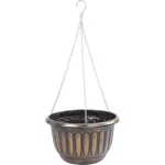 Függő virágcserép, Strend Pro Garden, arany/fekete, átmérő: 24,5 cm, magasság: 15 cm, lánccal és akasztóval, műanyag, antikolt, kerek