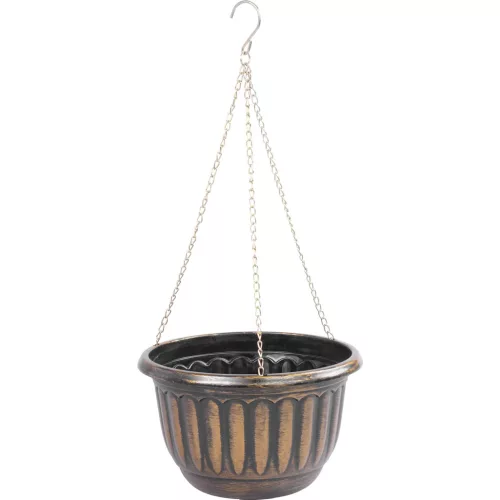 Függő virágcserép, Strend Pro Garden, arany/fekete, átmérő: 24,5 cm, magasság: 15 cm, lánccal és akasztóval, műanyag, antikolt, kerek