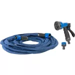 Kerti locsolótömlő, Strend Pro Garden,Flexi, kék, 1/2" - 3/4", 7,3–15 m, 20 bar, flexibilis, nyújtható, szórópisztollyal, latex belső cső, textilborítás, önnyúló-összehúzódó technológia