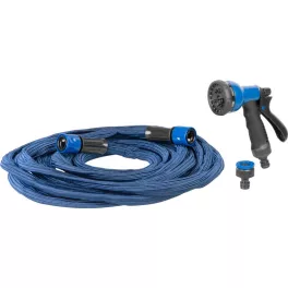   Kerti locsolótömlő, Strend Pro Garden,Flexi, kék, 1/2" - 3/4", 7,3–15 m, 20 bar, flexibilis, nyújtható, szórópisztollyal, latex belső cső, textilborítás, önnyúló-összehúzódó technológia