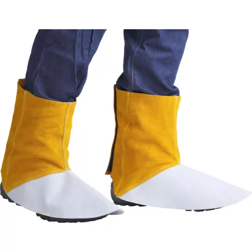 Hegesztő lábszárvédő, Strend Pro Industrial, sárga/fehér, 15 cm, 93% marhabőr, tépőzáras, 2. védelmi osztály, 1 pár (3134122)