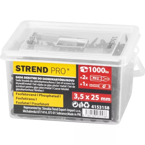 Csavarkészlet Strend Pro, gipszkarton csavarok, 3,5x25 mm, 2x bittel és mágneses tartóval, dobozban,