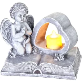   MagicHome dísz, könyvön ülő, szívvel rendelkező angyal, LED, polirezín, sírra, 19x12,5x16,5 cm