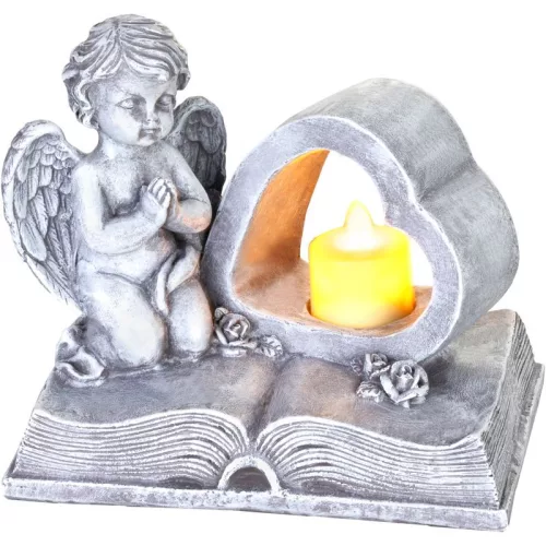MagicHome dísz, könyvön ülő, szívvel rendelkező angyal, LED, polirezín, sírra, 19x12,5x16,5 cm