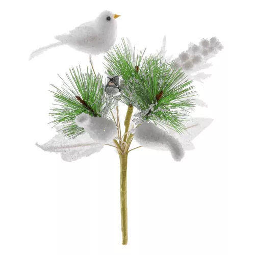 Ág MagicHome Karácsony, madárral, fehér, 18 cm