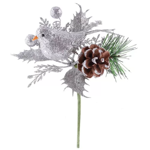 Ág MagicHome Karácsony, madárral, ezüst, 17 cm