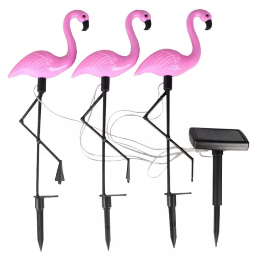 Napelemes kerti lámpa, Strend Pro Garden 7193 Flamingók, rózsaszín, 18 x 6 x 52 cm, 3 db, 3 x 2 LED, akkumulátoros, műanyag és üveg, földbe szúrható