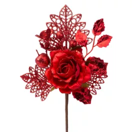 Ág MagicHome Karácsony, rózsával, piros, 25,5 cm