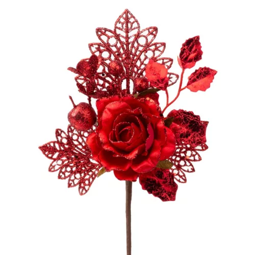 Ág MagicHome Karácsony, rózsával, piros, 25,5 cm