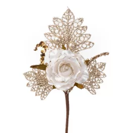 Ág MagicHome Karácsony, rózsával, fehér-arany, 26 cm