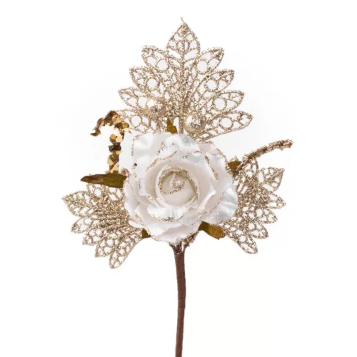 Ág MagicHome Karácsony, rózsával, fehér-arany, 26 cm