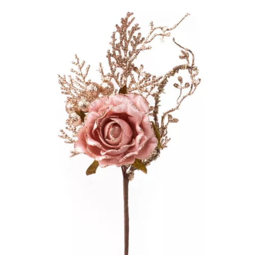 Ág MagicHome Karácsony, rózsával, rózsaarany, 26 cm