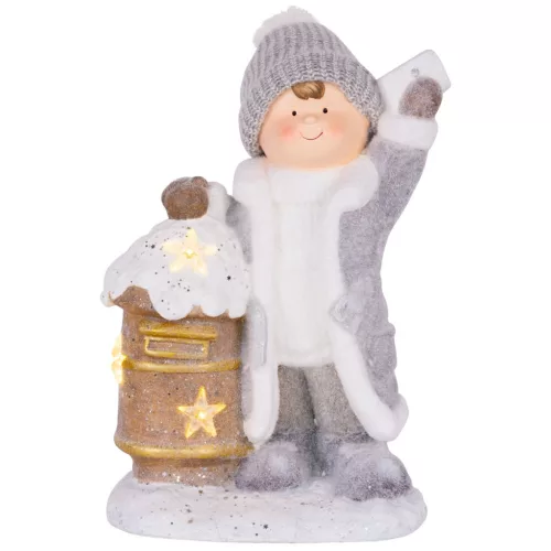 Dekoráció MagicHome Karácsony, kisfiú ládával, 1 LED, 3xAA, kerámia, 33x23x45 cm