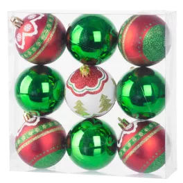   Gömbök MagicHome Karácsony, 9 db, piros - zöld, dekorációval, karácsonyfára, 6 cm