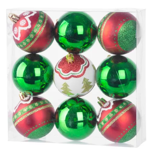 Gömbök MagicHome Karácsony, 9 db, piros - zöld, dekorációval, karácsonyfára, 6 cm