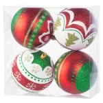 Gömbök MagicHome Karácsony, 4 db, piros - zöld, ornamentikával, karácsonyfára, 10 cm