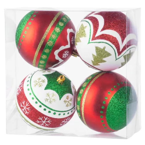 Gömbök MagicHome Karácsony, 4 db, piros - zöld, ornamentikával, karácsonyfára, 10 cm