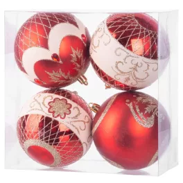   Gömbök MagicHome Karácsony, 4 db, piros, ornamentikával, karácsonyfára, 10 cm