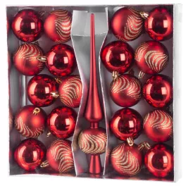   MagicHome karácsonyi gömbök, készlet, 21 db, 6 cm, piros, csúcs, karácsonyfára