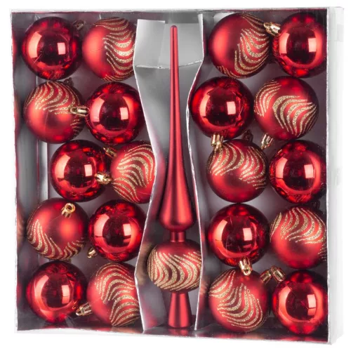 MagicHome karácsonyi gömbök, készlet, 21 db, 6 cm, piros, csúcs, karácsonyfára