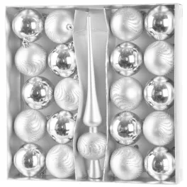   MagicHome karácsonyi gömbök, készlet, 21 db, 6 cm, ezüst, csúcs, karácsonyfára