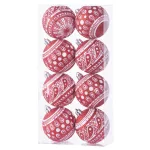 Gömbök MagicHome Karácsony, 8 db, 6 cm, piros fehér ornamentikával, csillámokkal, karácsonyfára