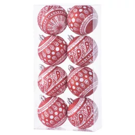   Gömbök MagicHome Karácsony, 8 db, 6 cm, piros fehér ornamentikával, csillámokkal, karácsonyfára