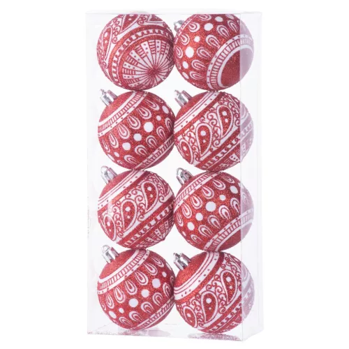 Gömbök MagicHome Karácsony, 8 db, 6 cm, piros fehér ornamentikával, csillámokkal, karácsonyfára