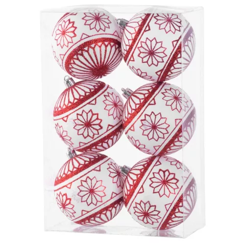 Gömbök MagicHome Karácsony, 6 db, 8 cm, piros - fehér, csillámokkal, karácsonyfára