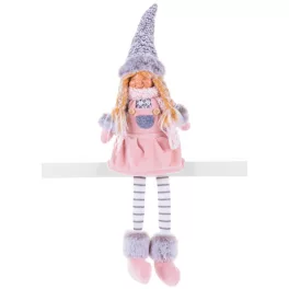   MagicHome karácsonyi dekoráció, lány figura magas kalappal, szövet, 17 x 12 x 54 cm, rózsaszín-szürke