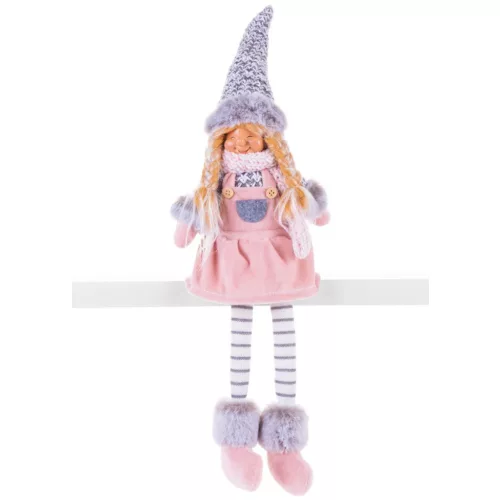 MagicHome karácsonyi dekoráció, lány figura magas kalappal, szövet, 17 x 12 x 54 cm, rózsaszín-szürke