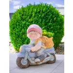 Kerti dekoráció, MagicHome, kisfiú motoron, sárga, 38 x 20 x 36 cm, kerámia, egyben virágtartó is (8091266)