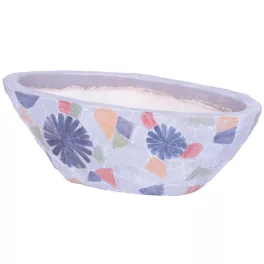   Kerámia virágcserép, MagicHome, szürke, mozaikkal díszített, 40,5 x 19 cm, magasság: 14 cm, kézzel kirakott minták, ovális