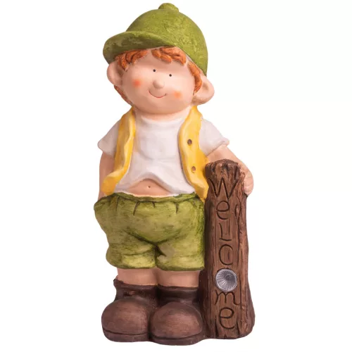 Kerti dekoráció, MagicHome, kisfiú szolár LED táblával, barna, 24 x 18 x 49 cm, kerámia