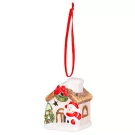   Dekoráció MagicHome Karácsony, házikó hóemberrel, LED, terrakotta, függő, 5,8x5x7 cm