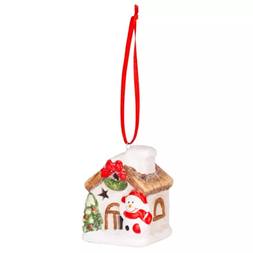 Dekoráció MagicHome Karácsony, házikó hóemberrel, LED, terrakotta, függő, 5,8x5x7 cm