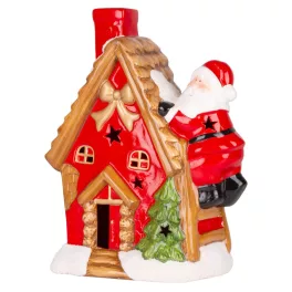   MagicHome karácsonyi dekoráció, házikó Mikulással a tetőn, LED, terrakotta, 27 x 13 x 34 cm