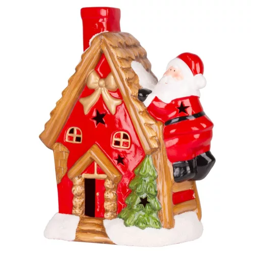 MagicHome karácsonyi dekoráció, házikó Mikulással a tetőn, LED, terrakotta, 27 x 13 x 34 cm