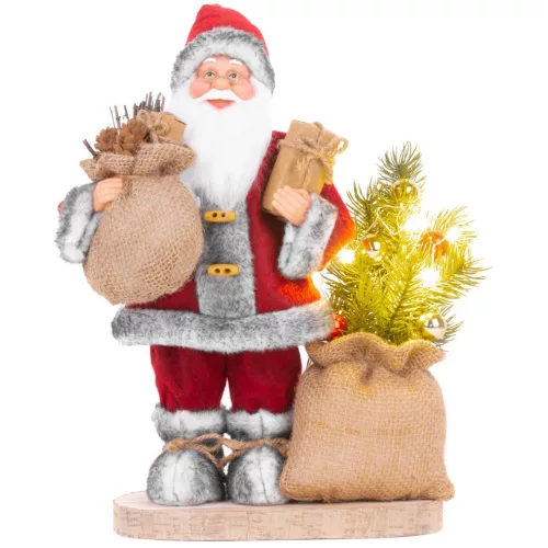 MagicHome karácsonyi dekoráció, Mikulás táskával és karácsonyfával, 6 melegfehér LED, 30 cm